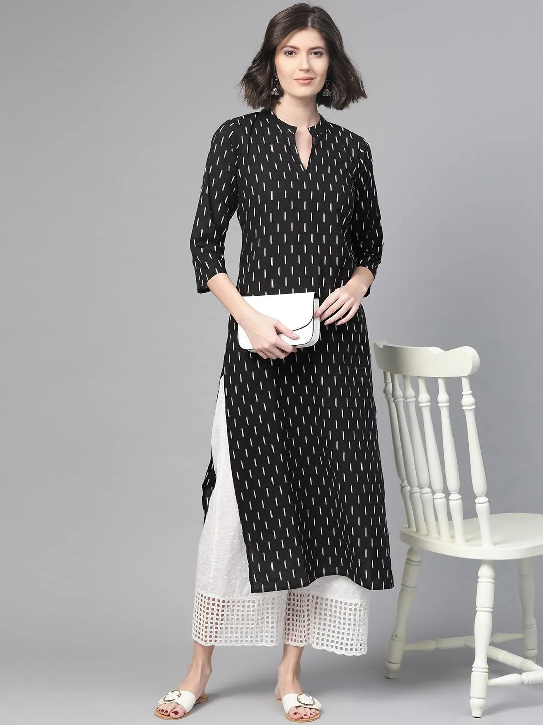 Adults-Women Black & White Cotton Straight Abstract Printed Kurta