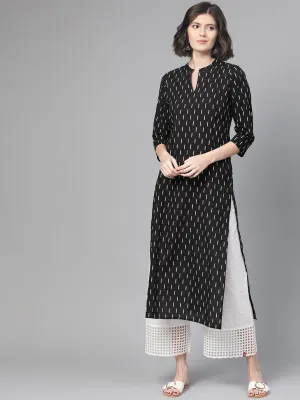 Adults-Women Black & White Cotton Straight Abstract Printed Kurta