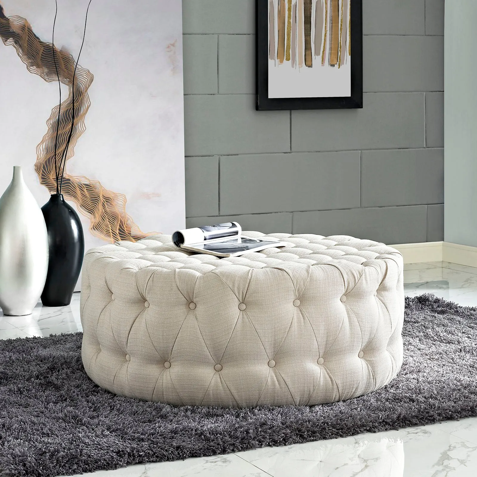 Amour Upholstered Fabric Ottoman Beige EEI-2225-BEI