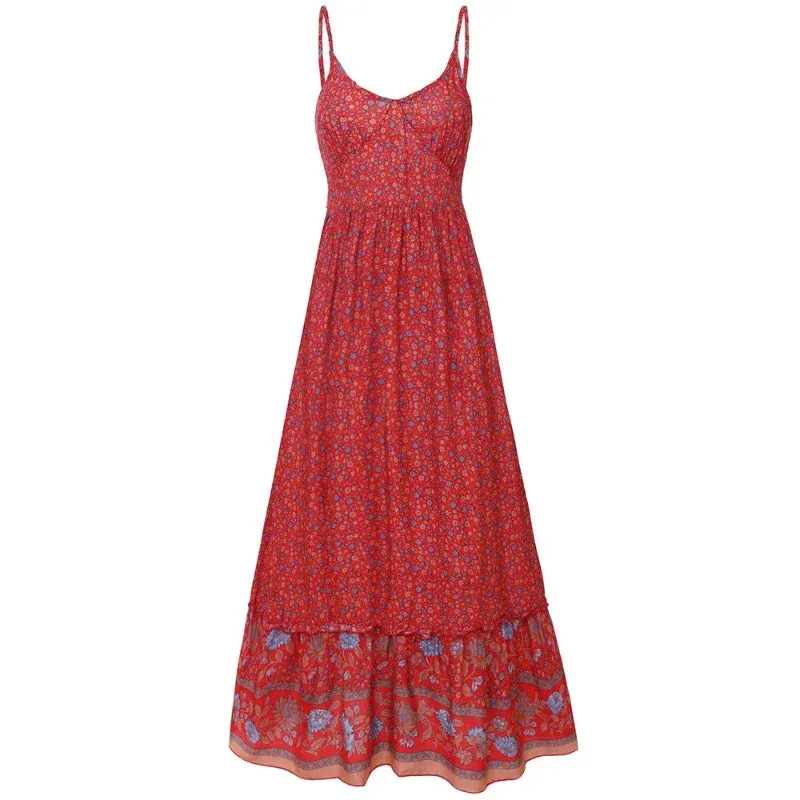 Amy Fashion - Elegant Floral V-Neck Sleeveless Boho Dress