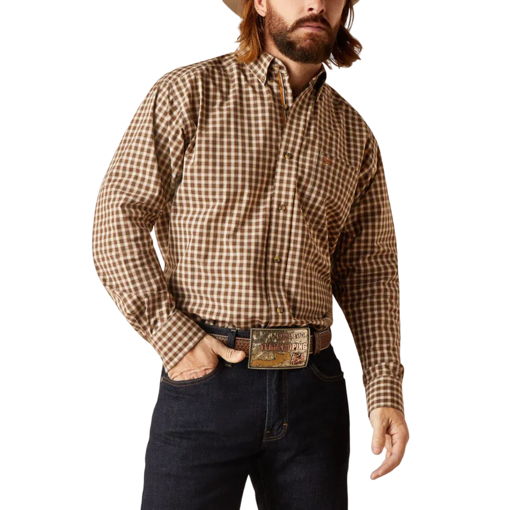 Ariat Men's Brown & Cream Plaid Stretch Long Sleeve Western Shirt