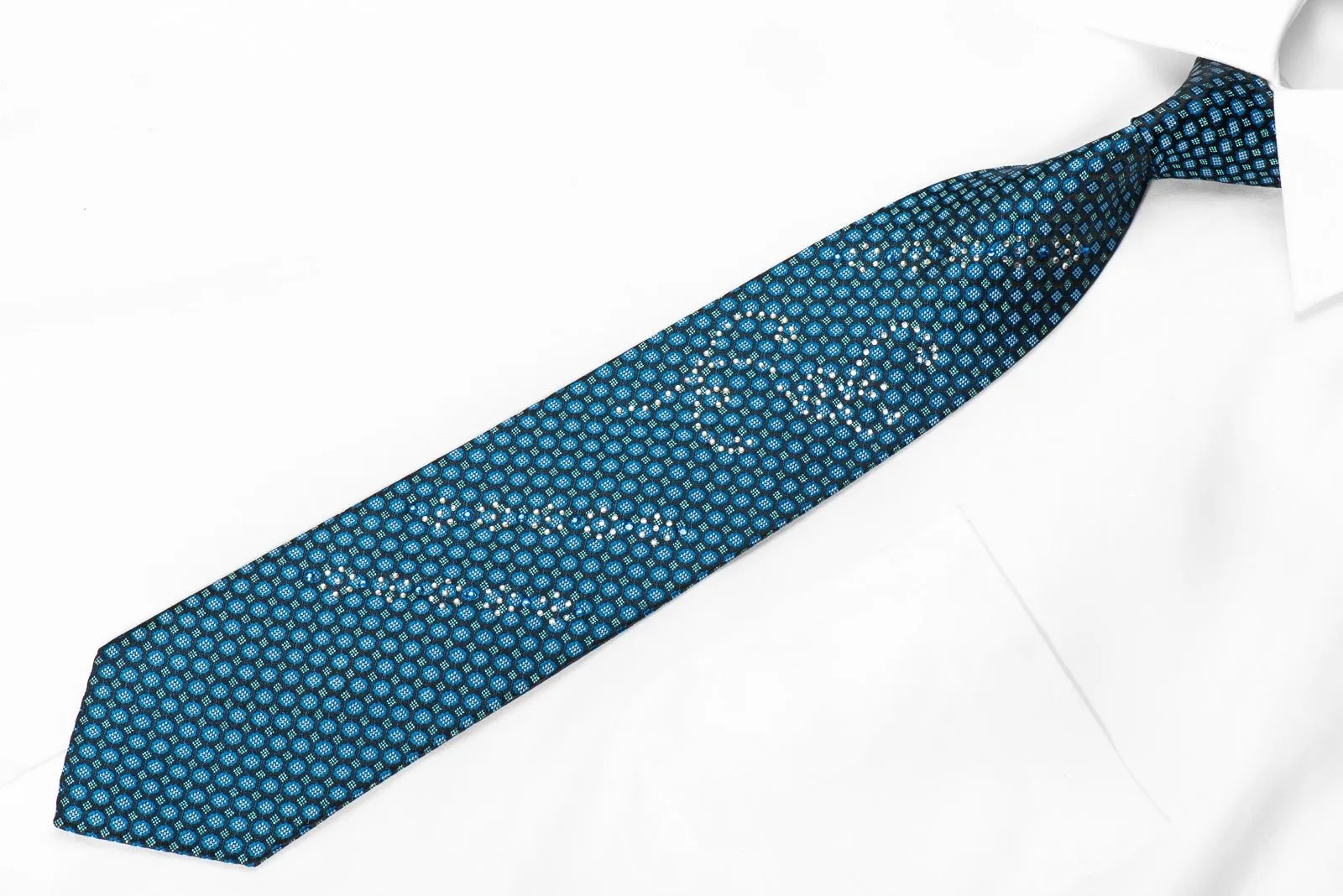 Avolio Men's Crystal Silk Tie Blue Geometric On Black With Blue Sparkles