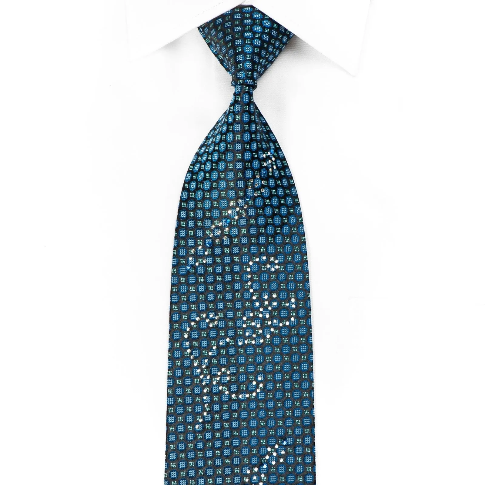 Avolio Men's Crystal Silk Tie Blue Geometric On Black With Blue Sparkles