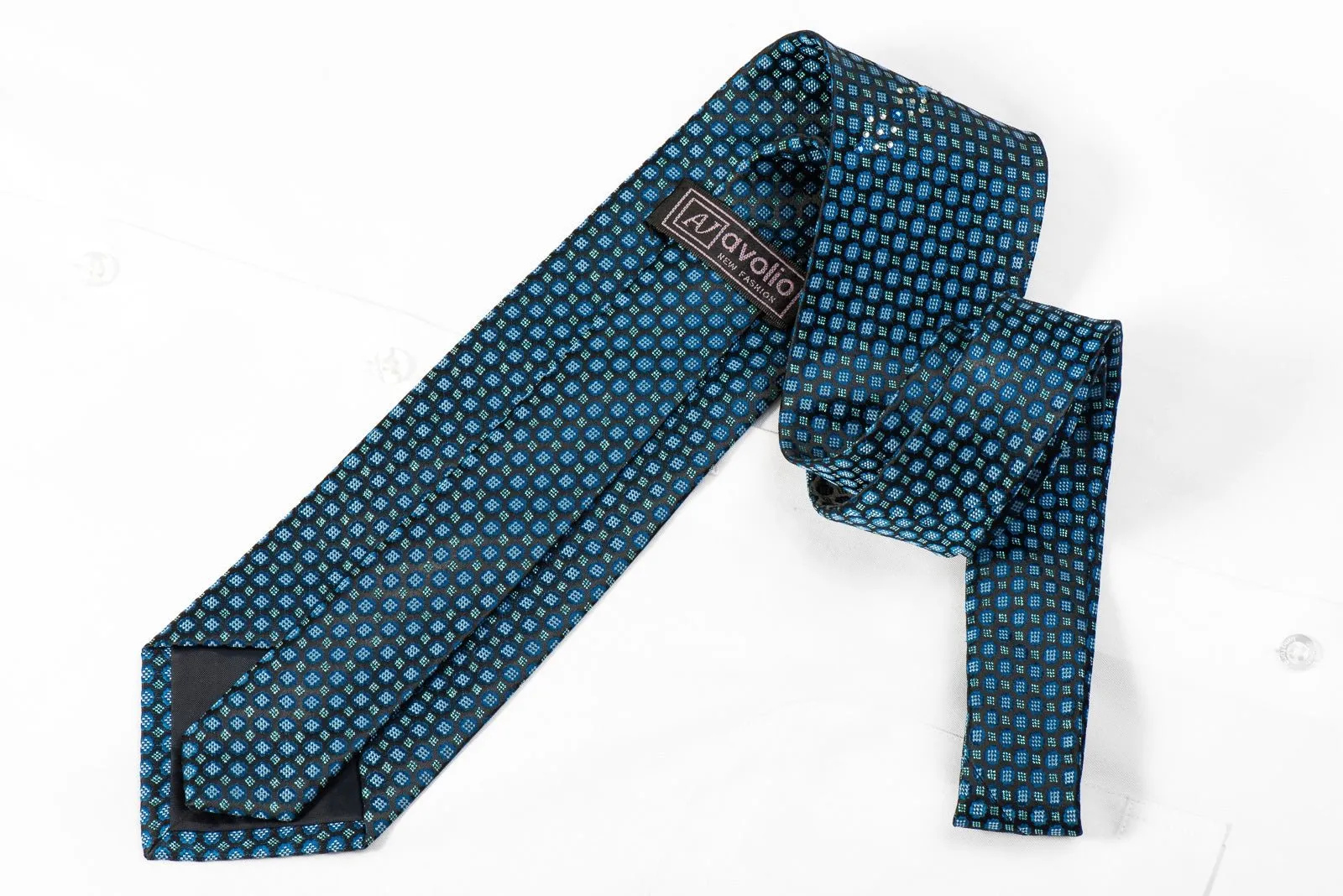 Avolio Men's Crystal Silk Tie Blue Geometric On Black With Blue Sparkles