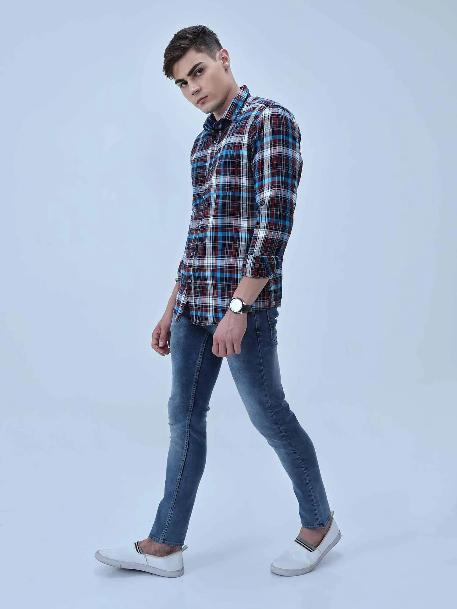 Black blue red Checkered Full Shirt