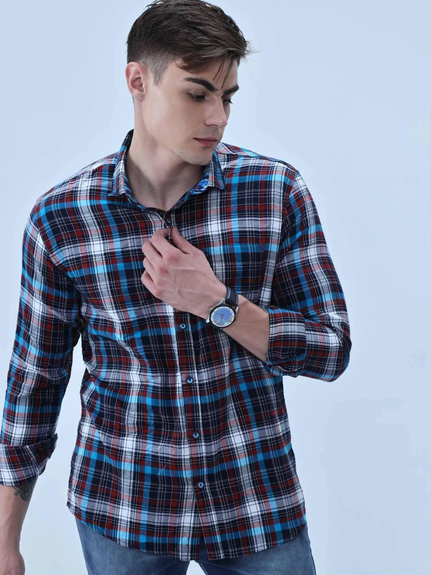 Black blue red Checkered Full Shirt