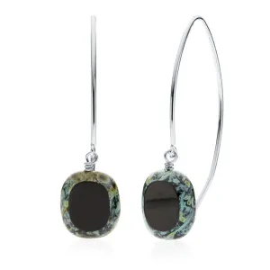 Black Glass Oval Drop Sterling Silver Wishbone Earrings