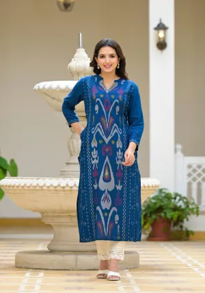 Blue Ikat Printed Rayon Kurta