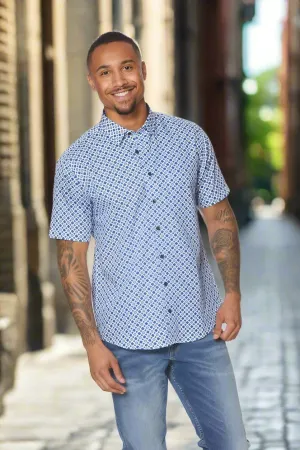 Blue Punchy Print Men's Button-Down Short-Sleeve