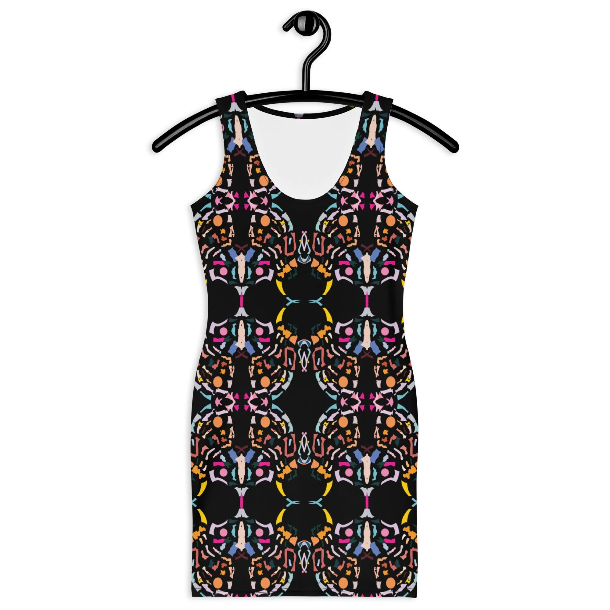 Bold Colorful Print Black Mini Dress – Vibrant Art-Inspired Fashion, Standout Style for Any Occasion