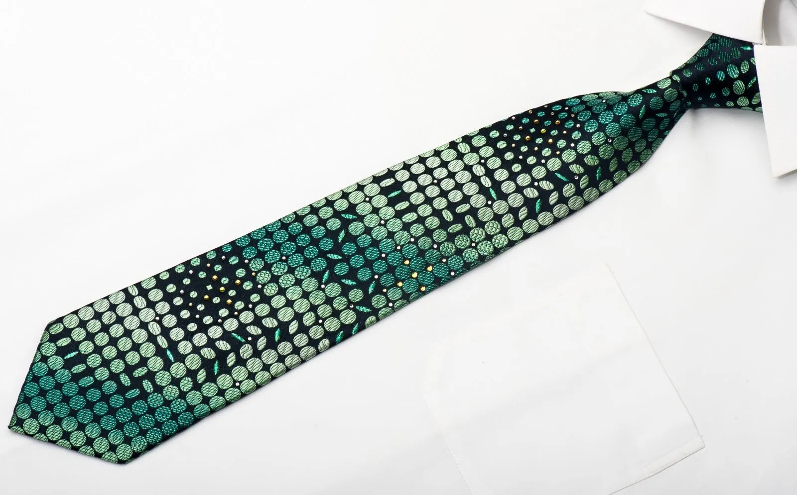 Charles Jourdan Men's Silk Tie Ovals On Dark Green Sparkling With Rhinestones