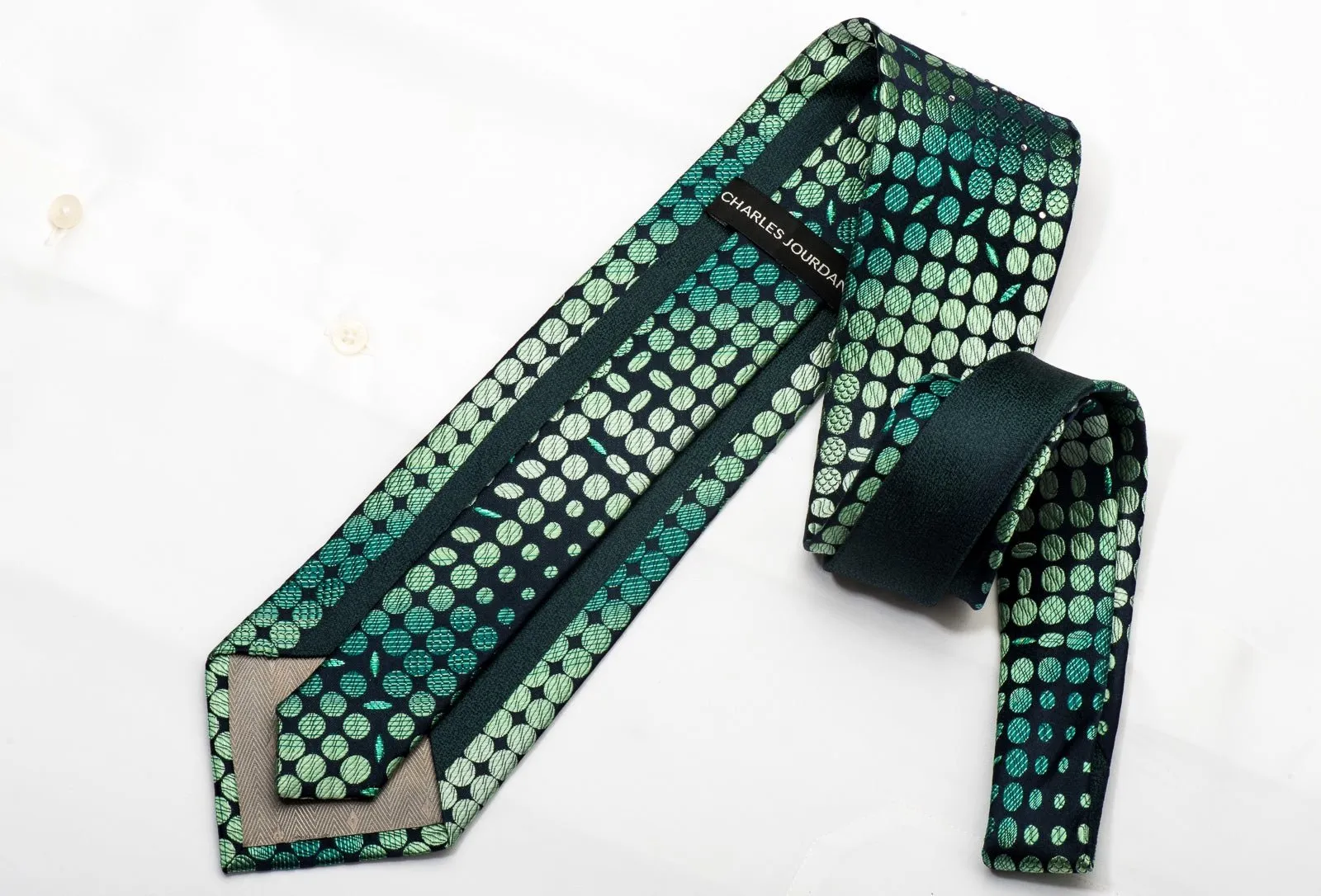 Charles Jourdan Men's Silk Tie Ovals On Dark Green Sparkling With Rhinestones