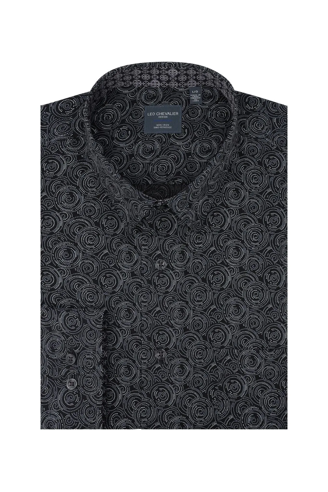 Circular Print on Black Long Sleeve Hidden Button Down Shirt