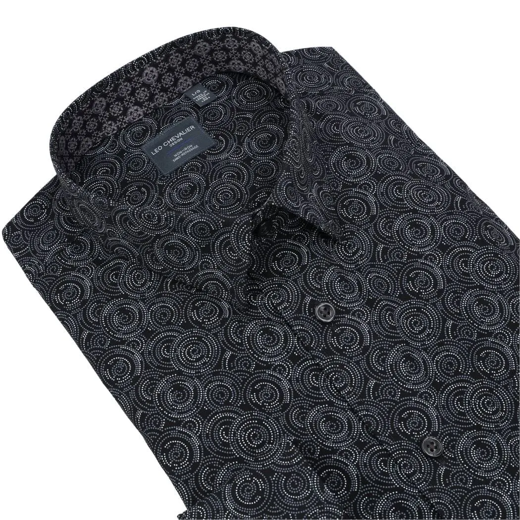 Circular Print on Black Long Sleeve Hidden Button Down Shirt