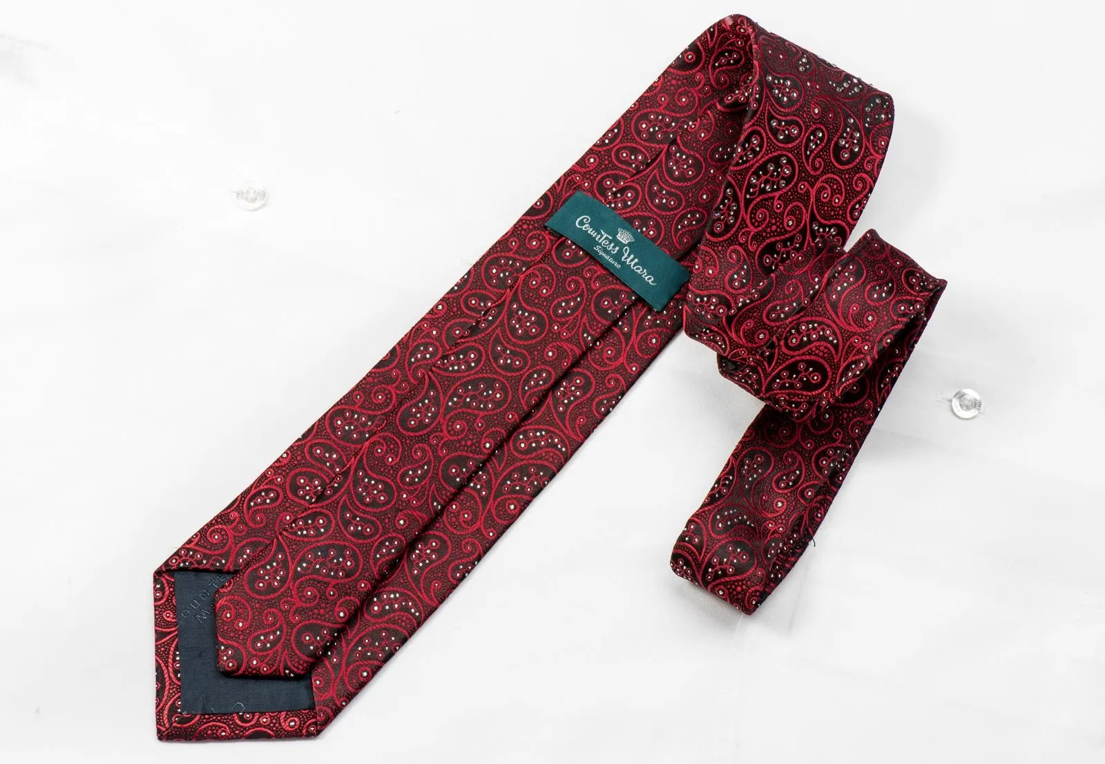 Countess Mara Men's Crystal Tie Paisley On Red Burgundy Silk With Silver Sparkles