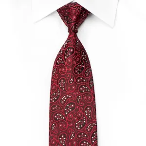 Countess Mara Men's Crystal Tie Paisley On Red Burgundy Silk With Silver Sparkles