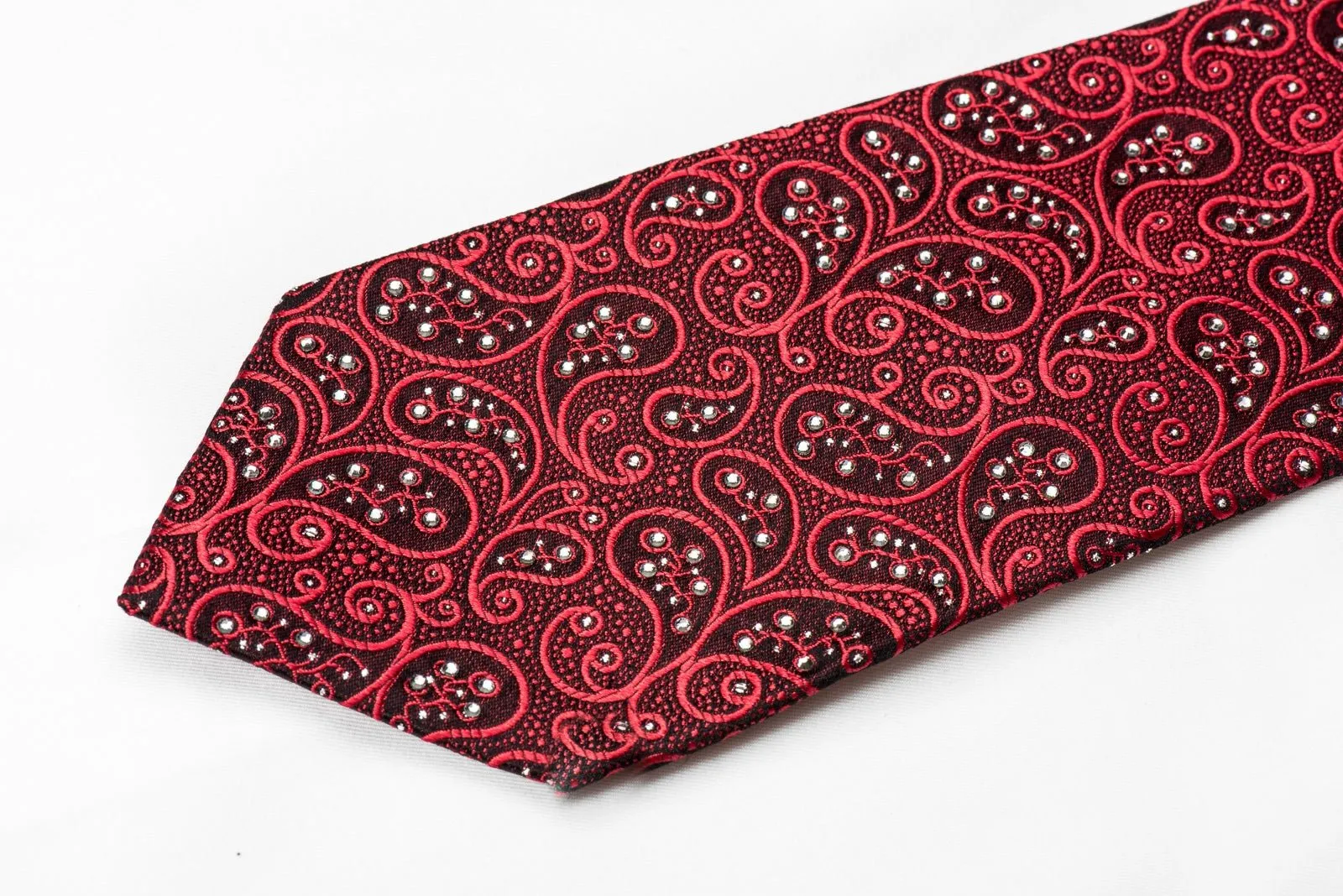 Countess Mara Men's Crystal Tie Paisley On Red Burgundy Silk With Silver Sparkles