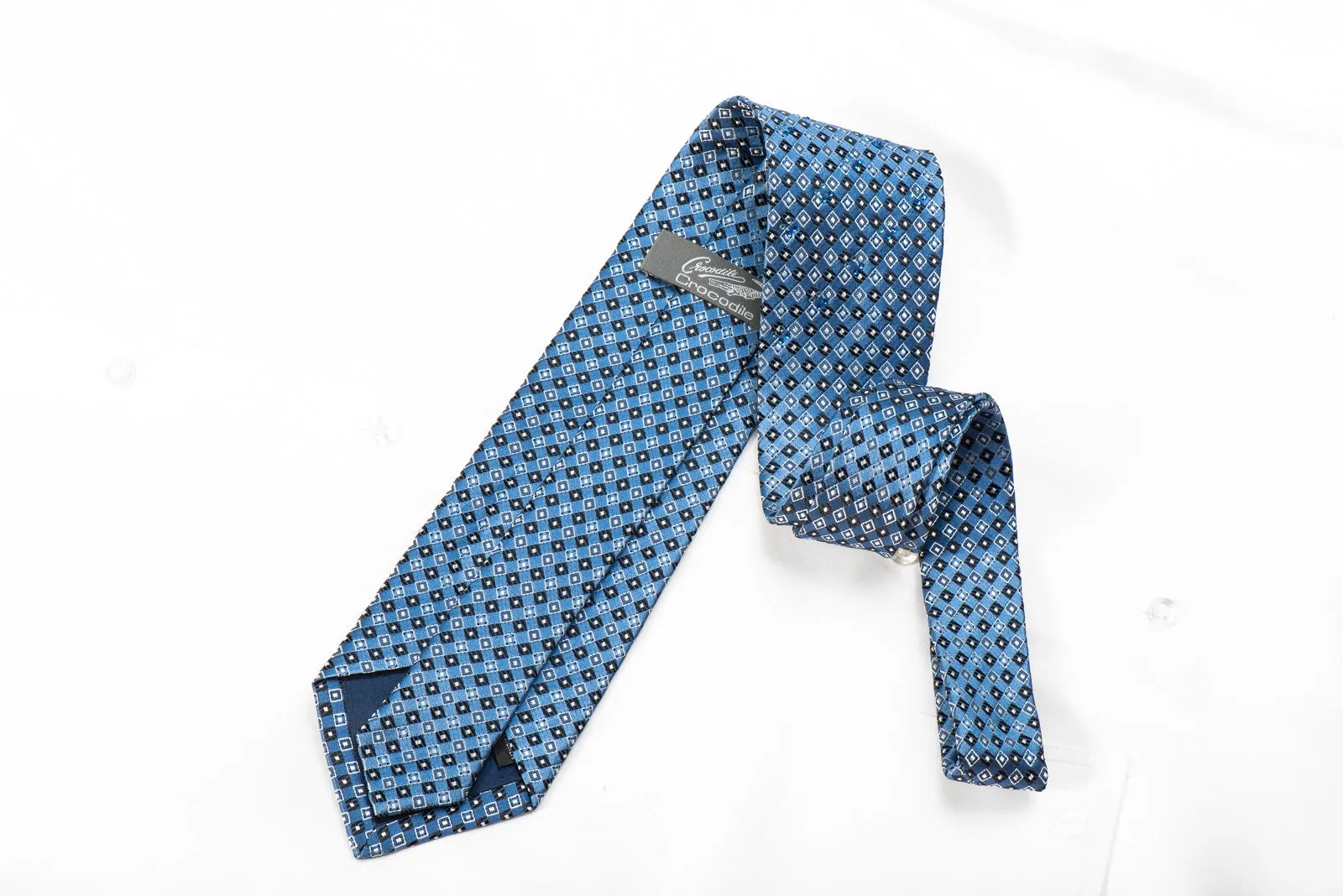 Crocodile Mens Crystal Silk Necktie Blue Checkered Sparkling With Rhinestones