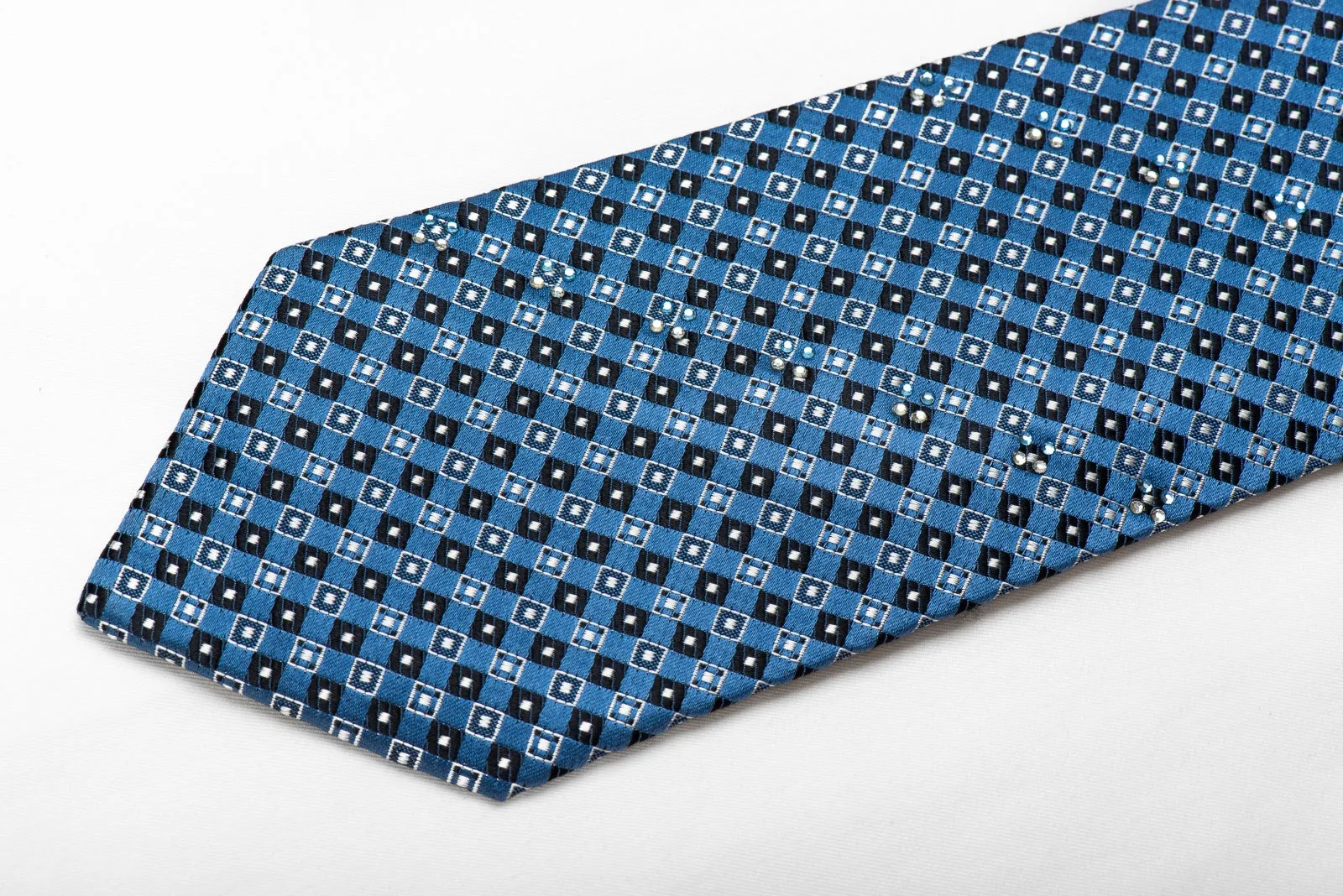 Crocodile Mens Crystal Silk Necktie Blue Checkered Sparkling With Rhinestones