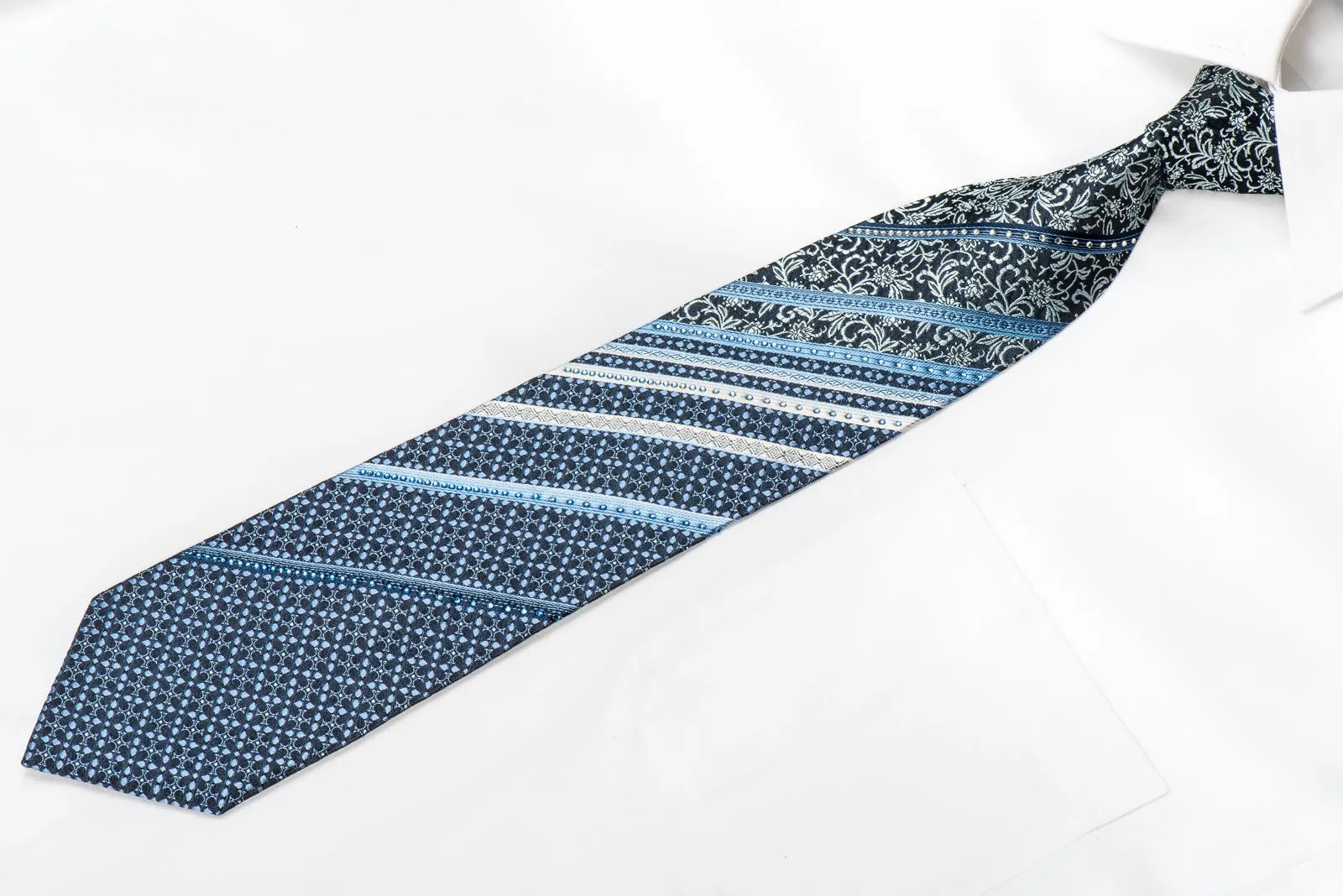 Crocodile Men's Crystal Silk Necktie Stripes & Acanthus On Blue With Sparkles