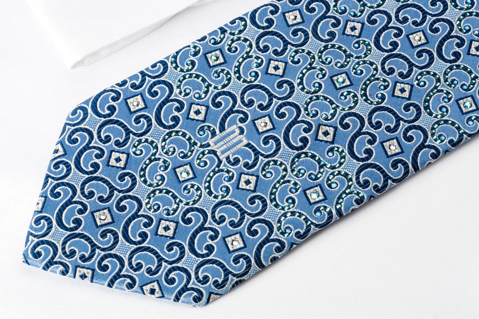 Daks Silk Rhinestone Necktie Scrolls Blue With Silver Sparkles