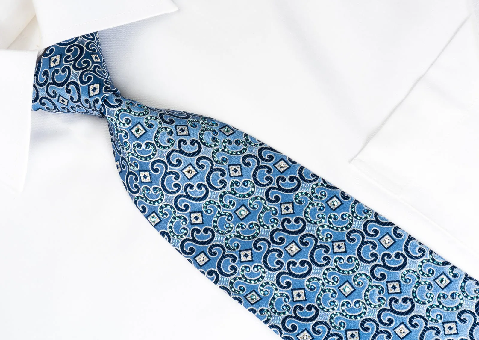 Daks Silk Rhinestone Necktie Scrolls Blue With Silver Sparkles