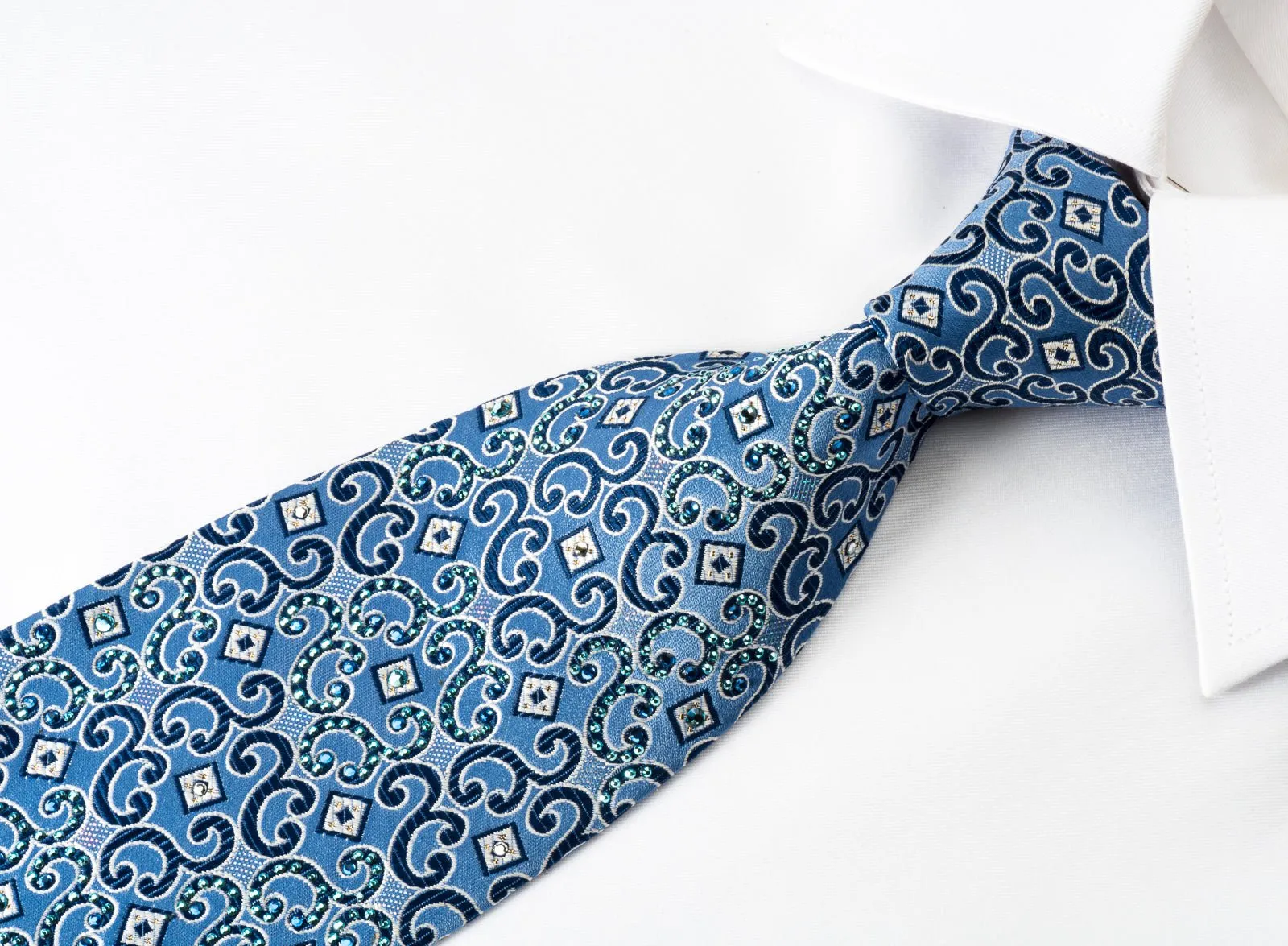 Daks Silk Rhinestone Necktie Scrolls Blue With Silver Sparkles