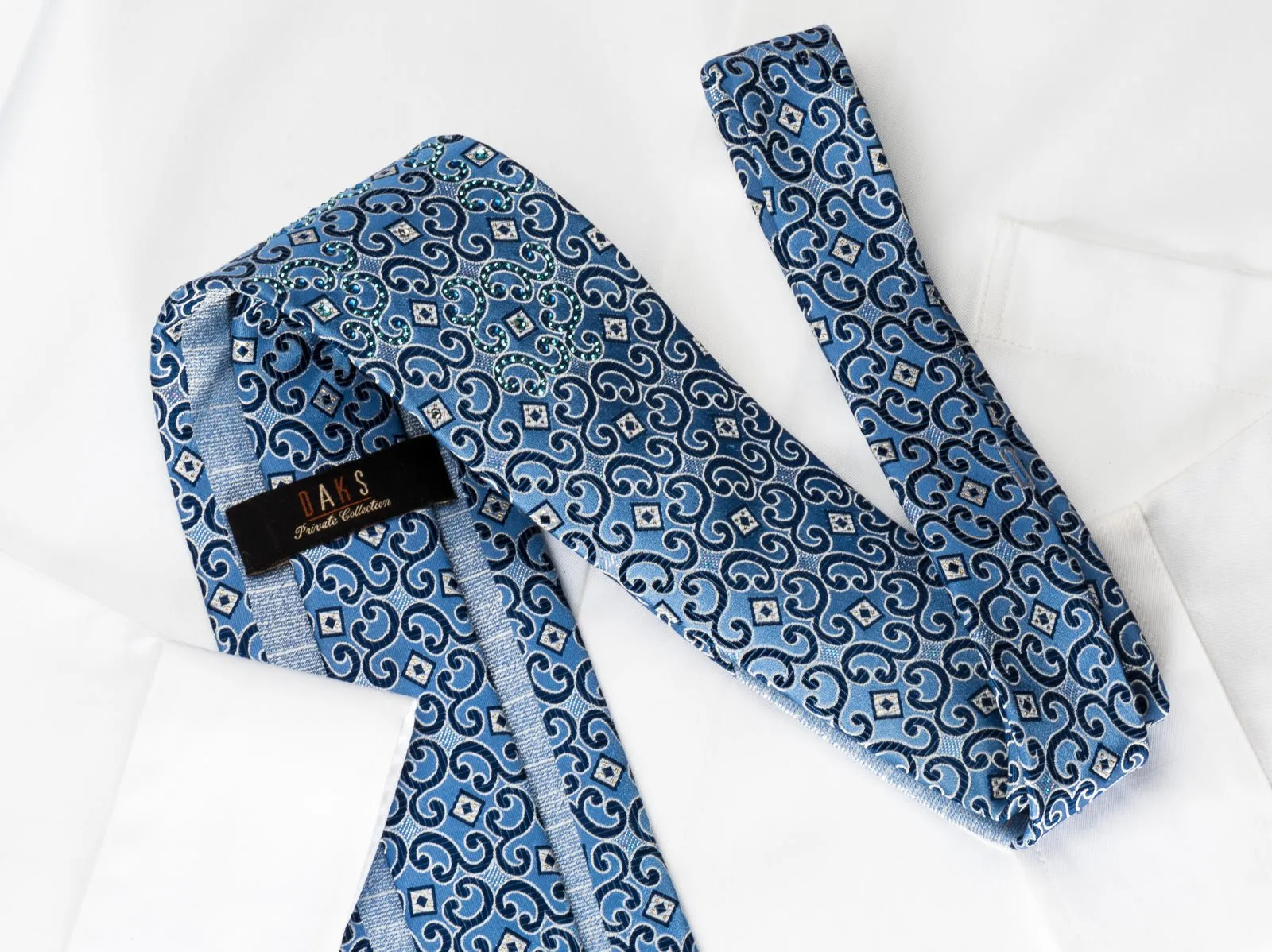 Daks Silk Rhinestone Necktie Scrolls Blue With Silver Sparkles