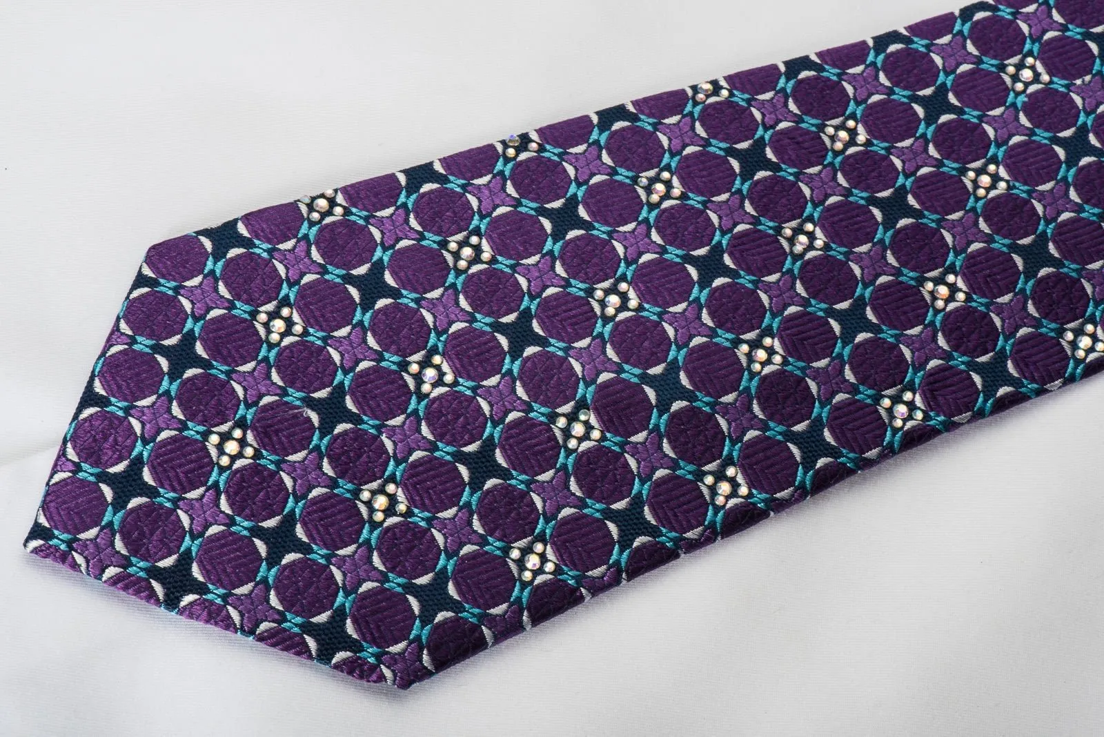 Daniel Hechter Mens Silk Necktie Purple Dots On Blue With Sparkling Rhinestones