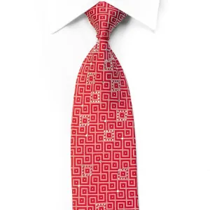 Elegance Mens Rhinestone Silk Necktie Silver Geometric On Red With Sparkles