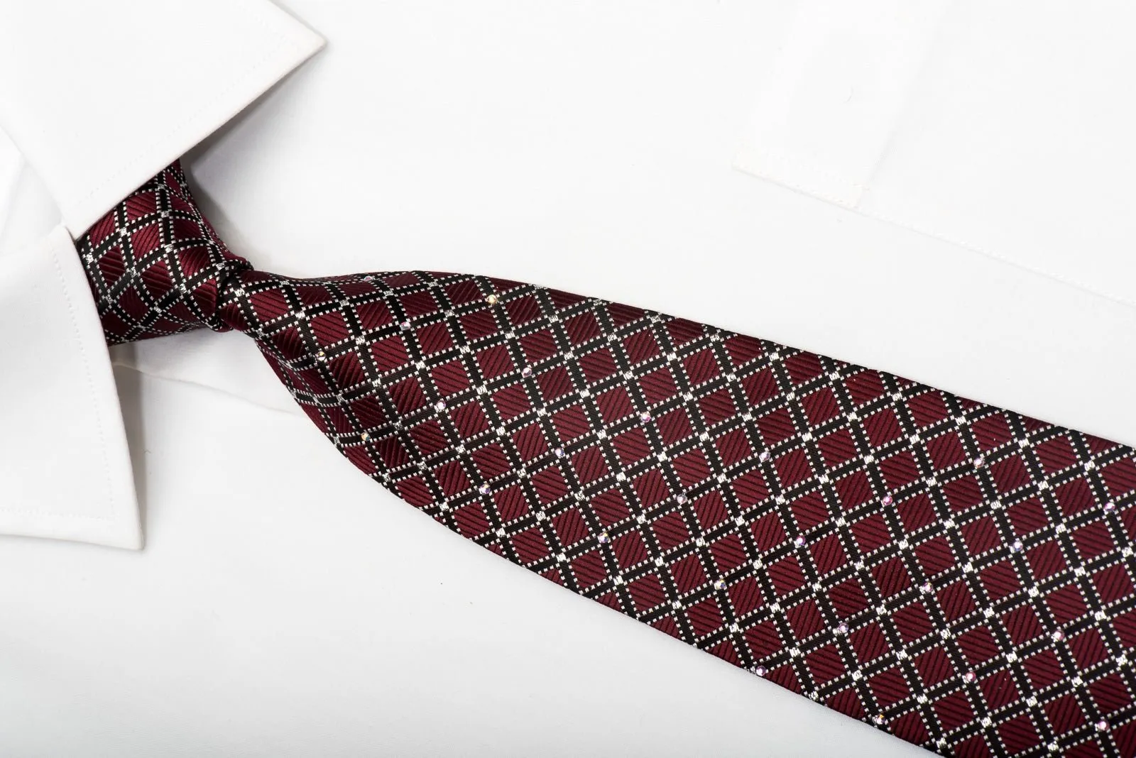 Elegance Men's Rhinestone Silk Necktie Trellis On Burgundy With Silver Sparkles