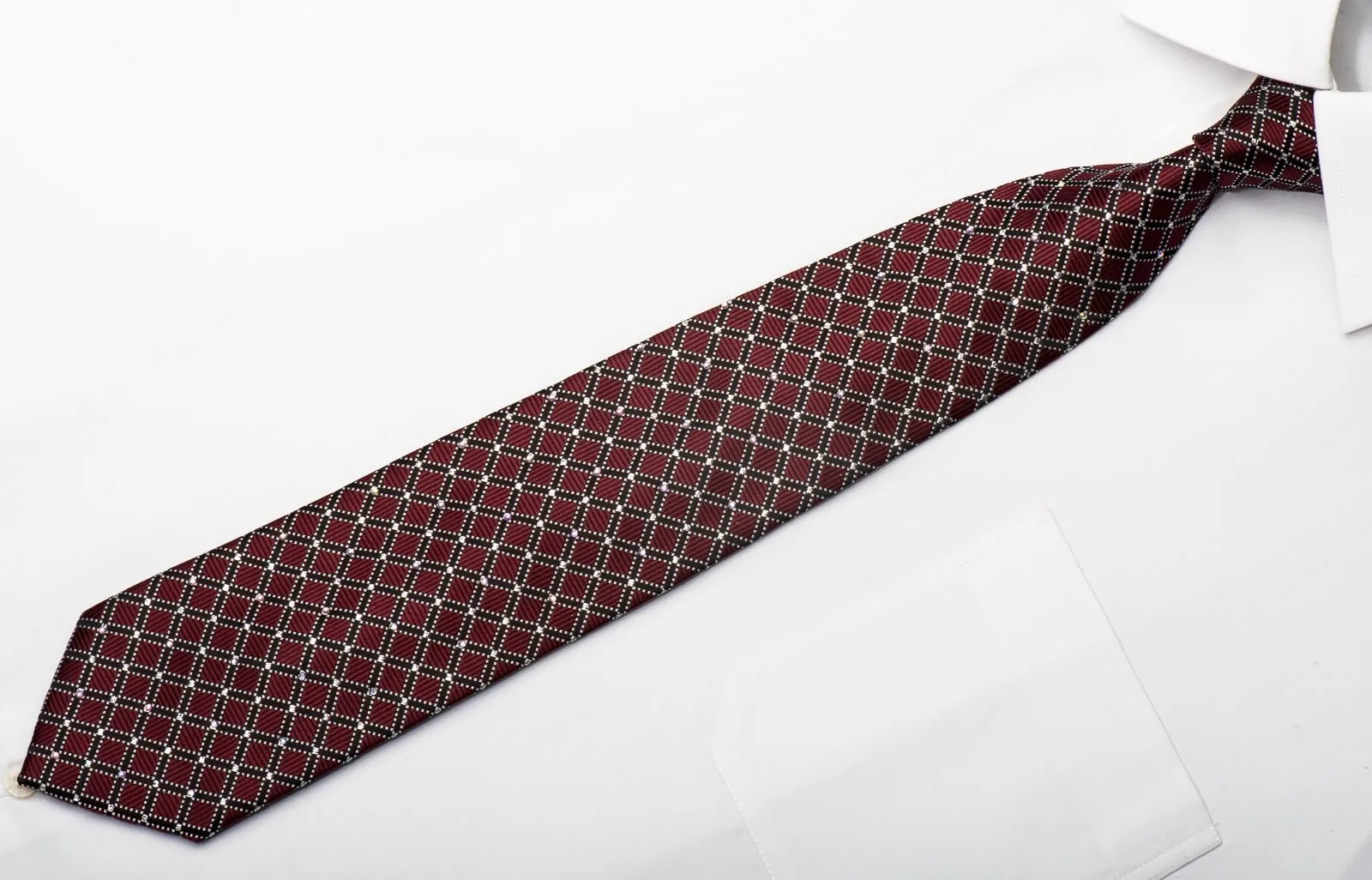 Elegance Men's Rhinestone Silk Necktie Trellis On Burgundy With Silver Sparkles