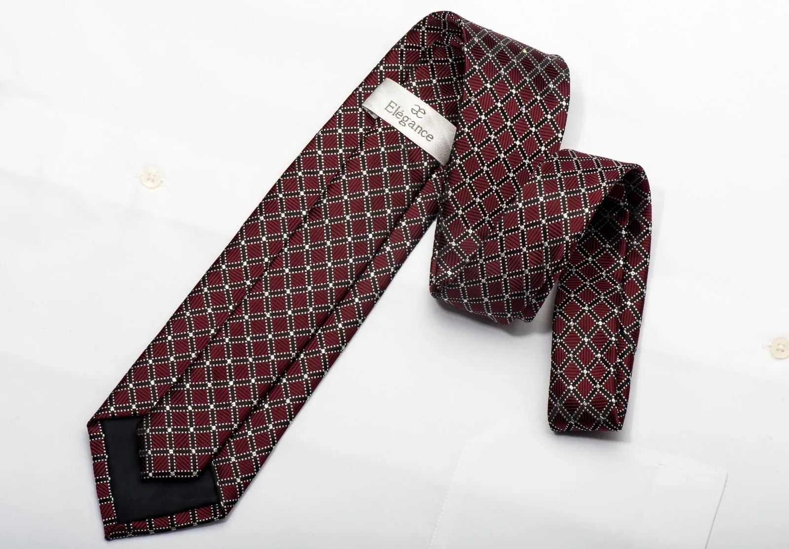 Elegance Men's Rhinestone Silk Necktie Trellis On Burgundy With Silver Sparkles