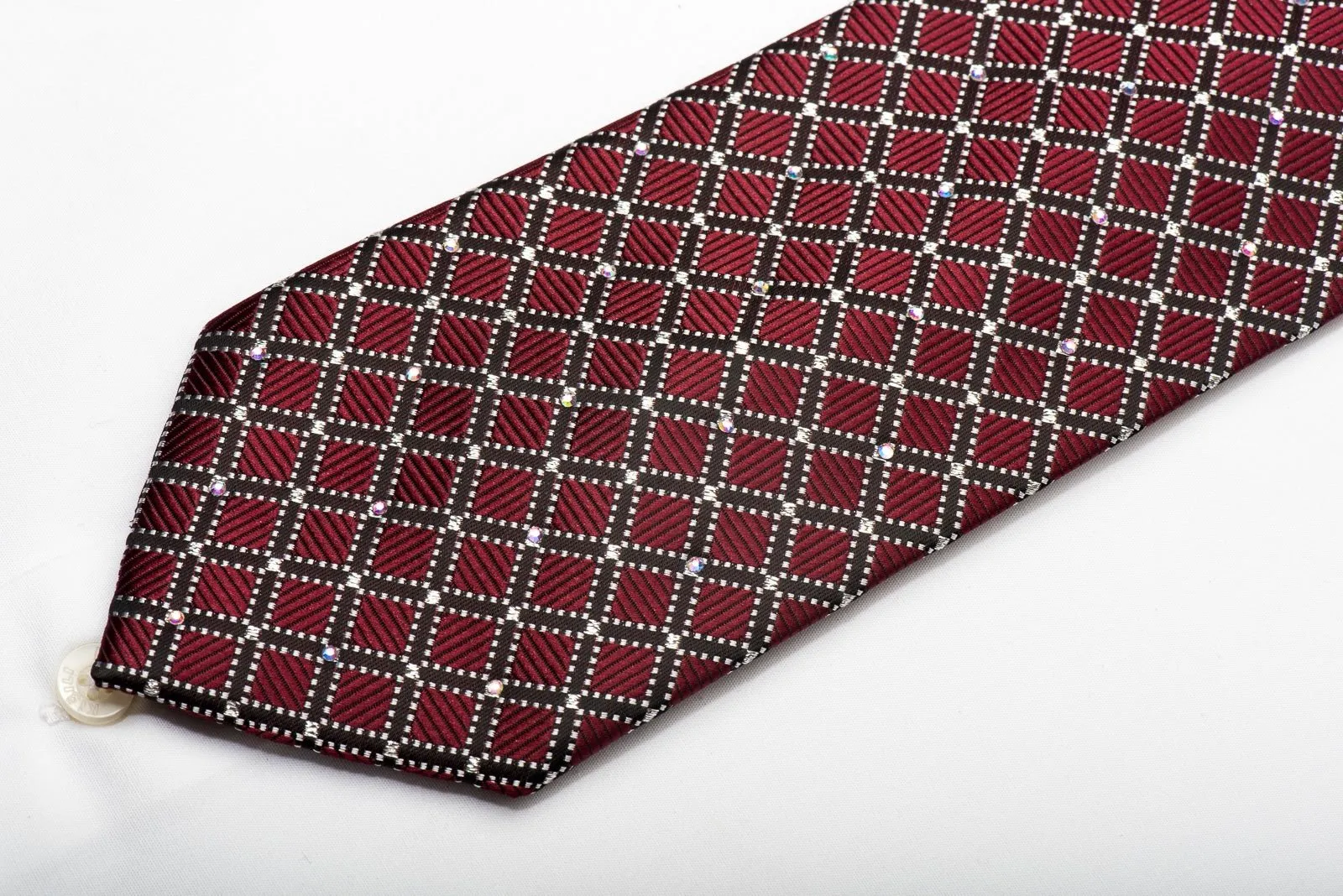 Elegance Men's Rhinestone Silk Necktie Trellis On Burgundy With Silver Sparkles