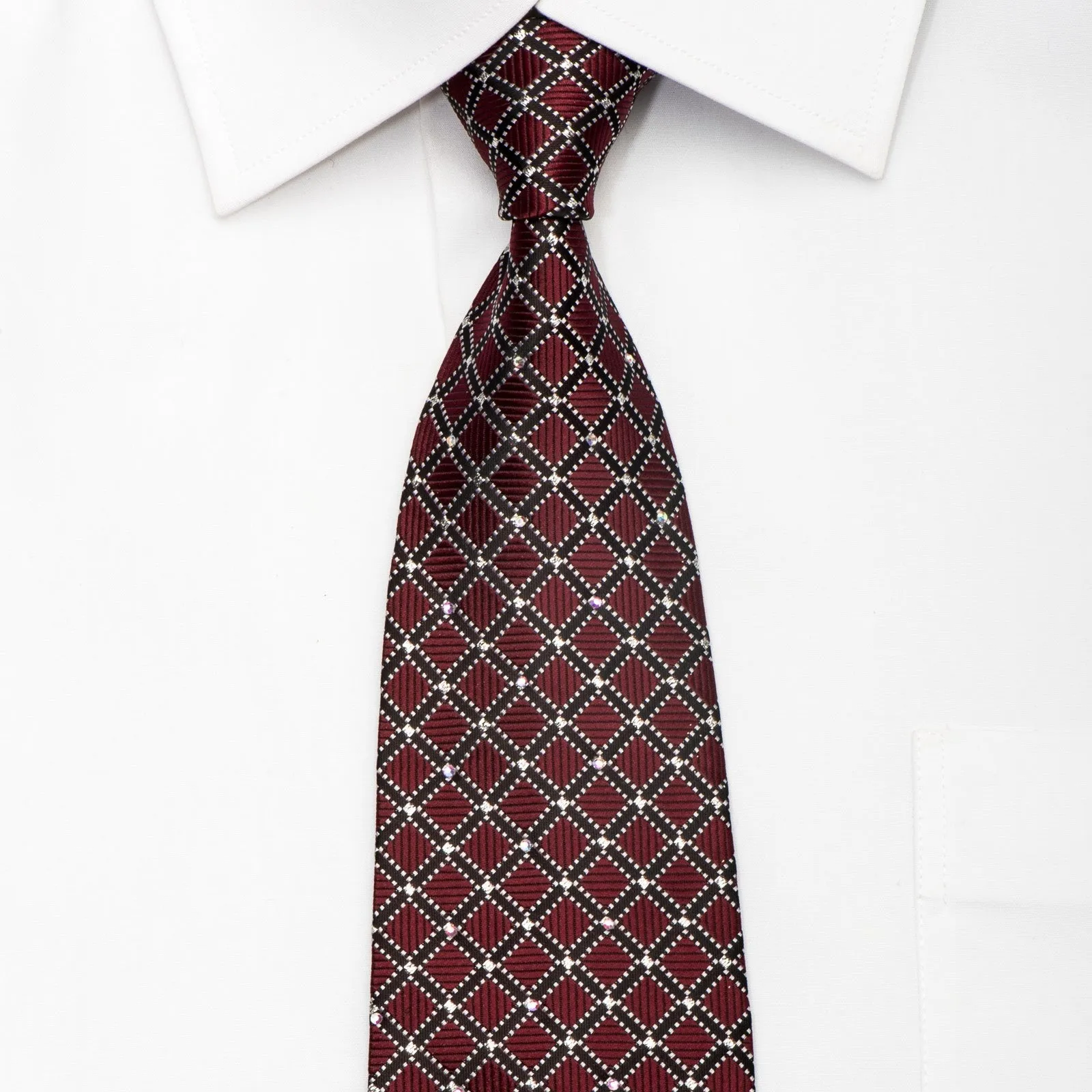 Elegance Men's Rhinestone Silk Necktie Trellis On Burgundy With Silver Sparkles