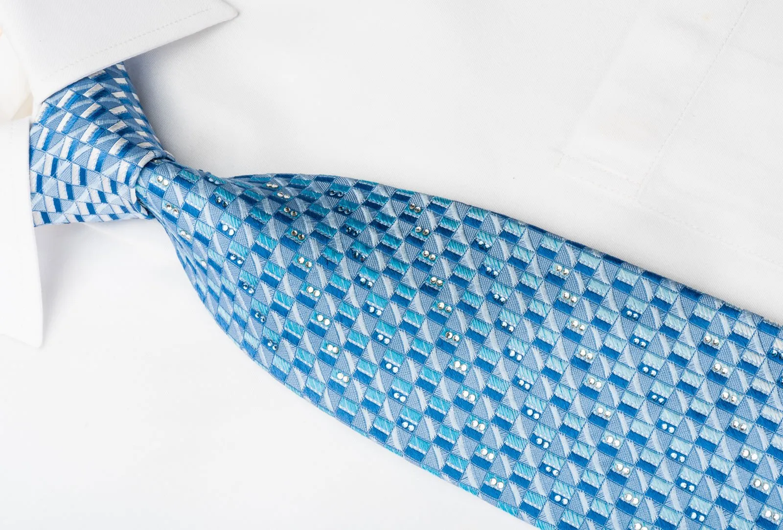 Elle Homme Rhinestone Woven Silk Necktie Geometric On Blue With Silver Sparkles