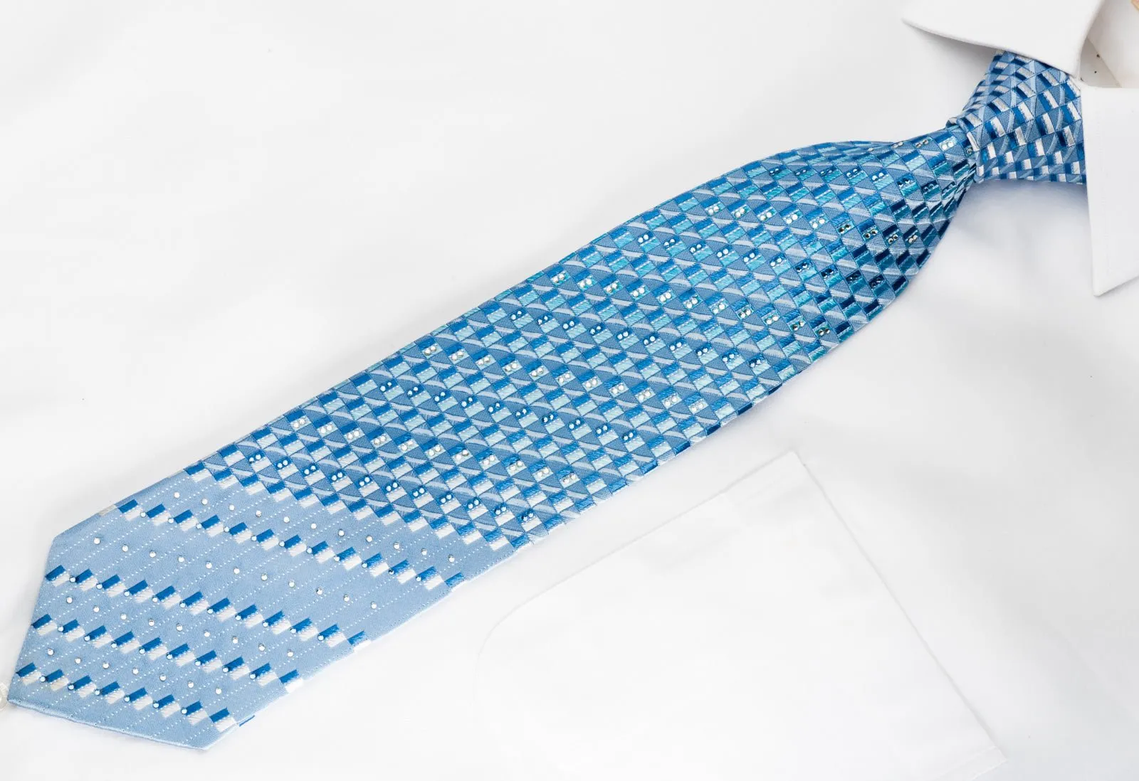 Elle Homme Rhinestone Woven Silk Necktie Geometric On Blue With Silver Sparkles