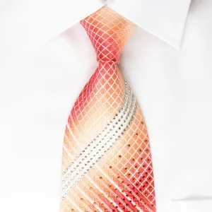 Elle Homme Silk Rhinestone Necktie White Striped On Orange With Silver Sparkles