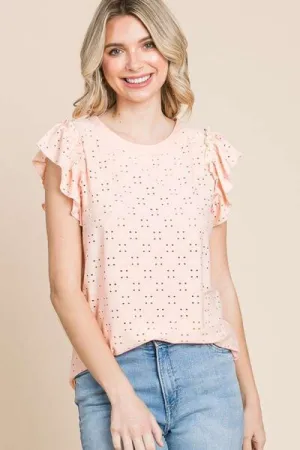 Eyelet Round Neck Ruffled Cap Sleeve Top