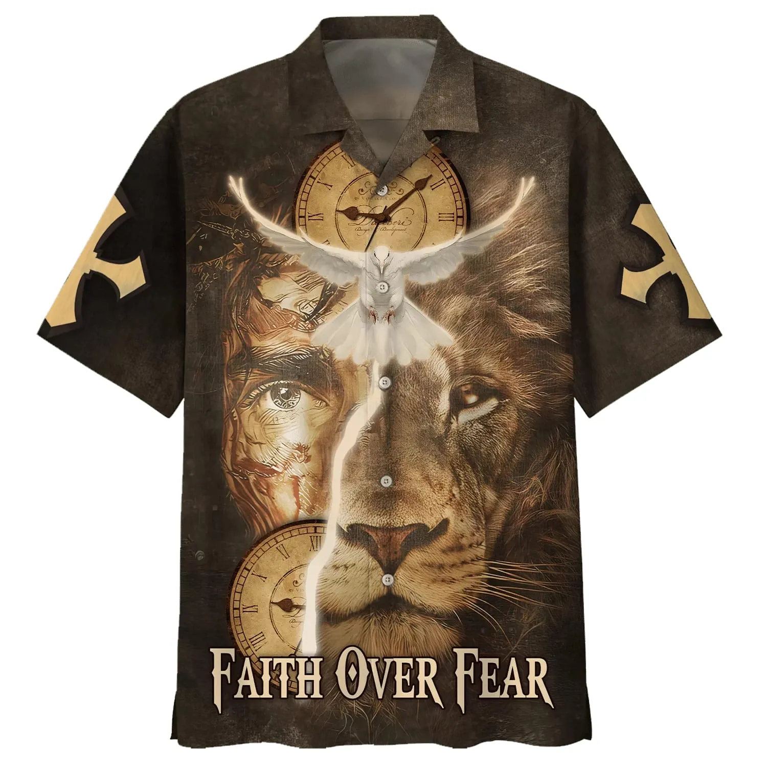 Faith Over Fear Hawaiian Shirt - Jesus Lion And Dove Hawaiian Shirts - Christian Hawaiian Shirt - Hawaiian Shirts For Men