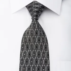 Giorgio Ferri Mens Silk Necktie Silver Geometric Ovals On Black Sparkling With Rhinestones