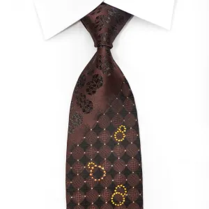 Grang Cia Men's Crystal Necktie Geometric Circles On Brown Silk With Rhinestones