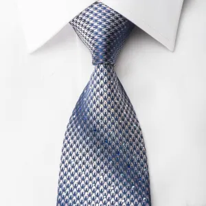 Indian Homme Rhinestone Necktie Silver Hounds Tooth Paisley On Blue With Sparkles