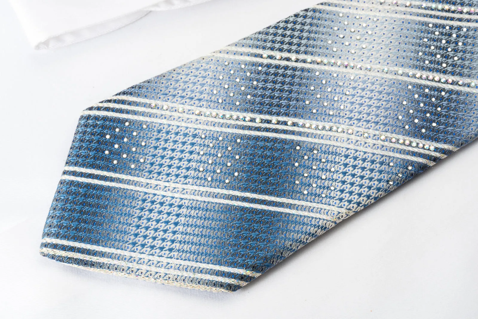 Indian Leaders Silk Tie Rhinestone Stripes On Blue Gray With Silver Sparkles