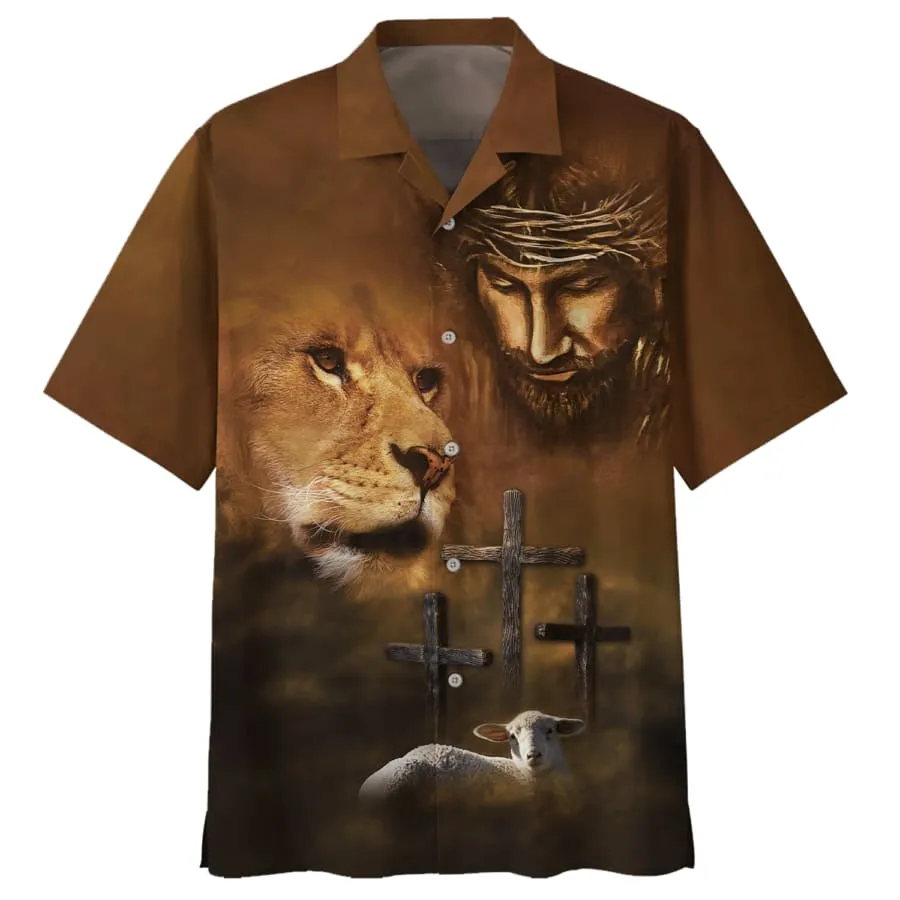 Jesus Lion And The Lamb Three Cross Hawaiian Shirts - Christian Hawaiian Shirt - Hawaiian Shirts For Men