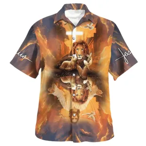 Jesus Lion King And Lamb Cross Hawaiian Shirts For Men - Christian Hawaiian Shirt - Hawaiian Summer Shirts