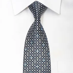 Lancetti Men's Silk Rhinestone Necktie Silver Checker On Navy With Sparkles