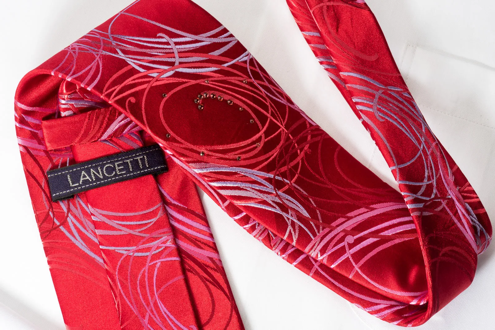 Lancetti Silk Necktie Spirals On Red With Rhinestones