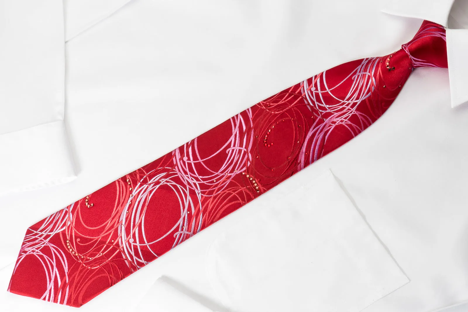 Lancetti Silk Necktie Spirals On Red With Rhinestones