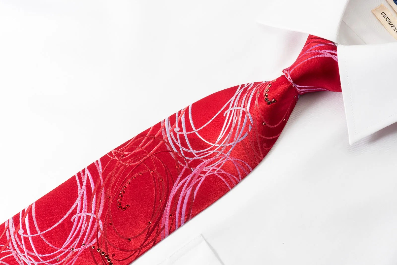 Lancetti Silk Necktie Spirals On Red With Rhinestones